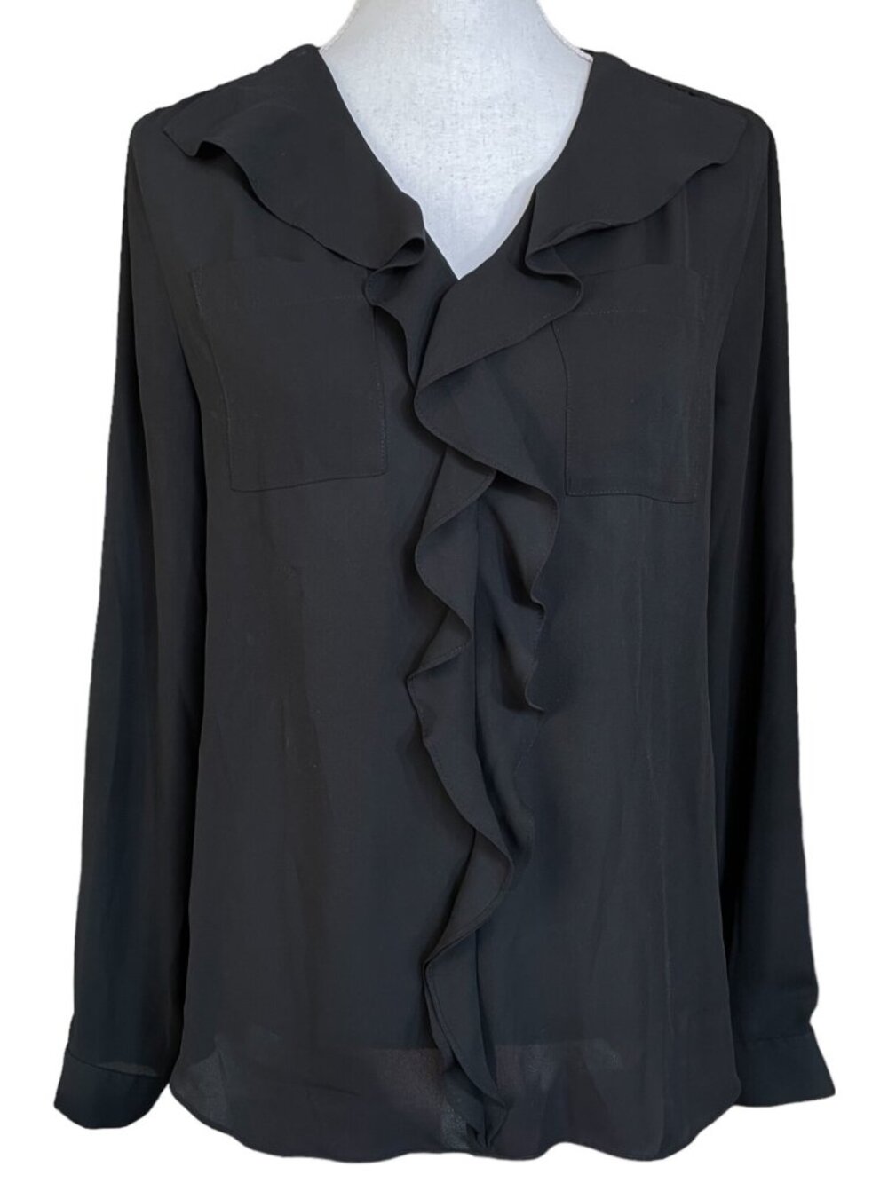 Lord & Taylor Ruffle Blouse M Button-up Victorian Chiffon Black Shirt Top